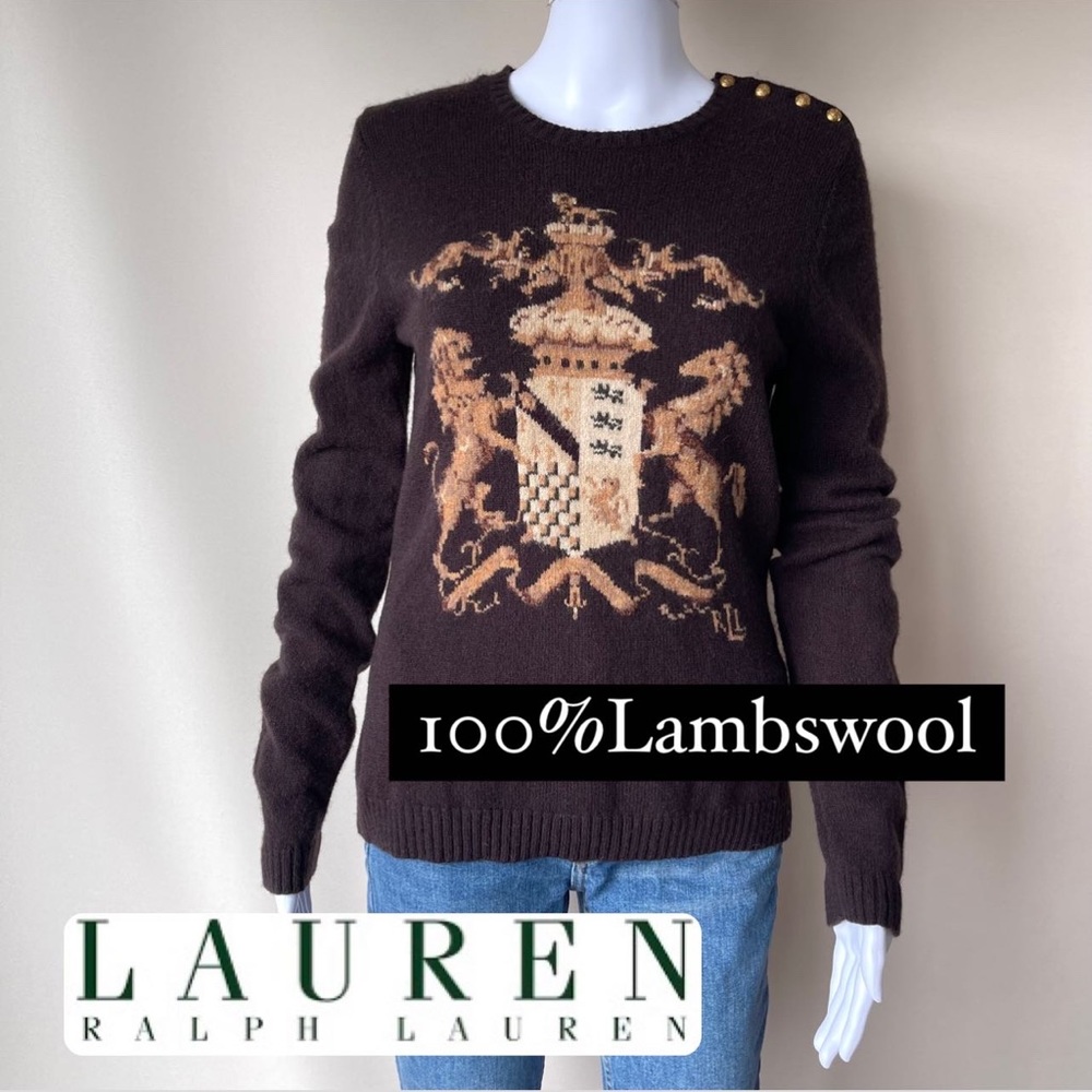 Lauren Ralph Lauren Snap Shoulder 100% Lambswool Lion Unicorn Crest Sweater S M